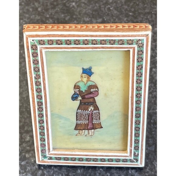 Vtg Handmade Painting Of A Female Micro Mosaic Indo Persian Moorish Art Inlay - Picture 2 of 10